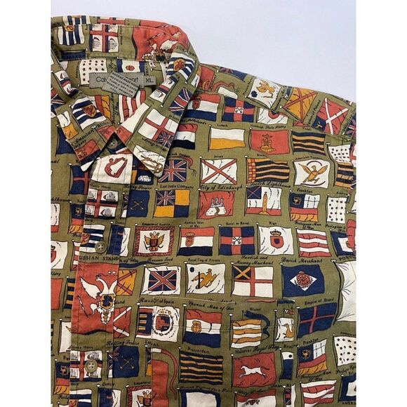 VINTAGE Calvin Klein All Over Flag Print Button Up Shirt Men XL Green 90s - Picture 2 of 6